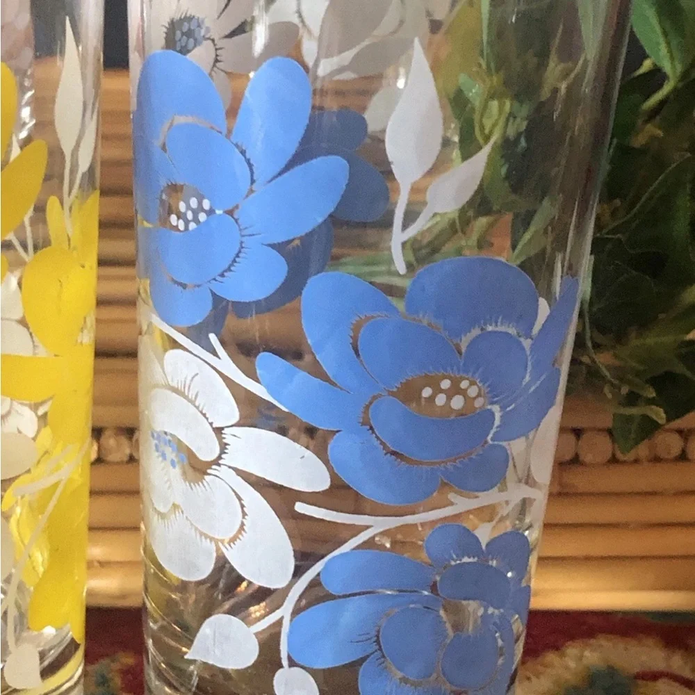 Vintage Federal Glass Wildrose Tumblers Drinking Glasses Multicolor Floral 6